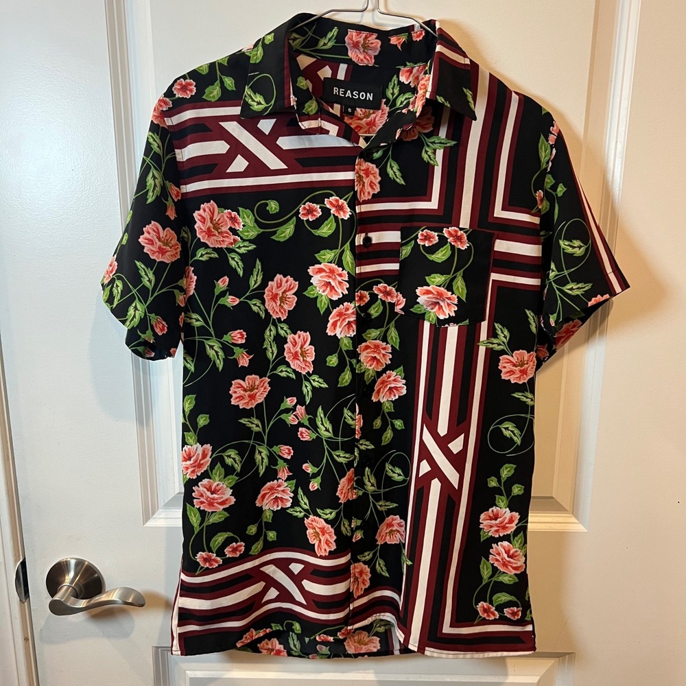 Reason Mens Shirt Floral Geometric Print Black Size S